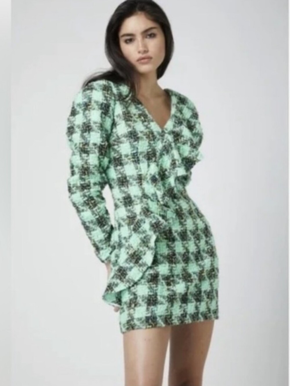 Revolve Atoir Leave Me Be Plaid Tweed sequined ruffled Dress in Aspen Green